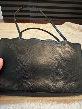 Vintage Coblentz Black Leather Top Handle Purse Scalloped Mid Century Handbag